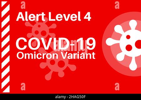 Niveau d'alerte 4 Covid-19 Omicron variante préoccupante - Illustration avec logo de virus sur fond rouge. Illustration de Vecteur