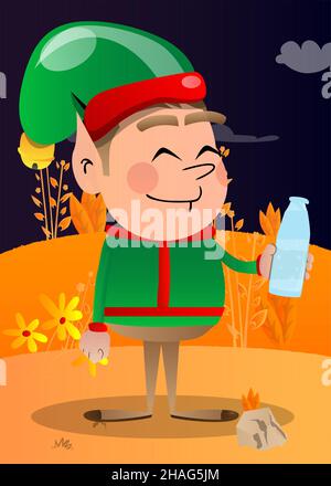 Elf de Noël eau potable d'une bouteille en verre.Illustration de personnage de dessin animé vectoriel du petit ouvrier du Père Noël, l'aide. Illustration de Vecteur