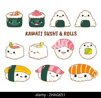 Ensemble de rouleaux de sushi et mignon des icônes dans le style kawaii avec sourire et joues roses. La cuisine traditionnelle japonaise. Temaki, baguettes, nigiri, Illustration de Vecteur