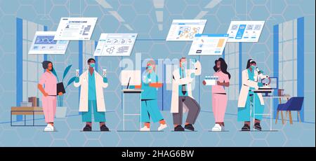 Les scientifiques travaillant avec l'ADN dans des tubes à essai les chercheurs font équipe pour faire des expériences dans le domaine du génie génétique des tests d'ADN en laboratoire Illustration de Vecteur