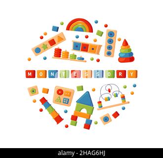 Jouets logiques d'éducation Montessori.Jouets en bois pour enfants d'âge préscolaire.Système Montessori pour le développement de la petite enfance.Bannière multicolore Illustration de Vecteur