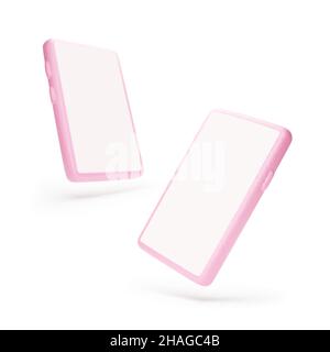 Maquette de smartphone.Angle de vue différent de celui du téléphone portable.3d téléphone portable rose avec ombre transparente.Illustration vectorielle isolée sur blanc Illustration de Vecteur