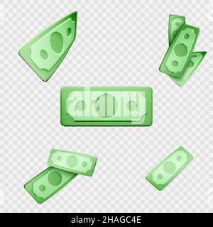 Billet de banque en dollars.Facture papier verte.Voler de l'argent de dessin animé isolé sur fond transparent.Illustration vectorielle Illustration de Vecteur