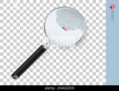 Carte du Libéria avec drapeau en loupe sur fond transparent.Vecteur loupe avec carte. Illustration de Vecteur