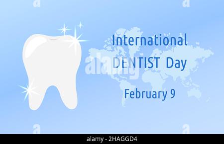 Journée internationale des dentistes le 9 février.Vacances professionnelles de stomatologiste.Dent blanche brillante sur fond bleu abstrait.Illustration d'affiche vectorielle Illustration de Vecteur