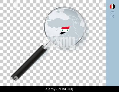 Carte de Syrie avec drapeau en loupe sur fond transparent.Vecteur loupe avec carte. Illustration de Vecteur