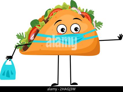 Mignon caractère mexicain taco avec des émotions tristes, le visage et le masque garder la distance, les mains avec le sac de shopping et le geste d'arrêt.Personne de restauration rapide avec expression, sandwich avec pain plat. Illustration de Vecteur