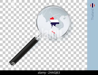 Carte de Thaïlande avec drapeau en loupe sur fond transparent.Vecteur loupe avec carte. Illustration de Vecteur