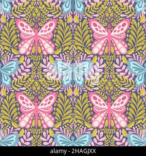 Motif papillon et plante sans couture.simple plat élément mignon insecte.mignon dessin animé. Illustration de Vecteur