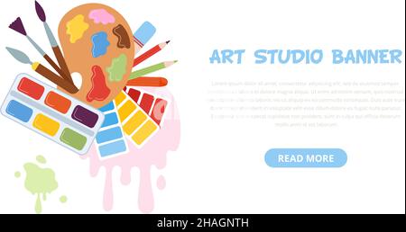 Bannière fournitures artistiques.Enfants créatifs, école d'arts ou camp.Matériaux de fabrication, prospectus d'atelier de dessin d'été.Outils de peinture arrière-plan vectoriel décent Illustration de Vecteur