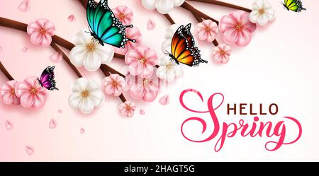 Motif de fond vectoriel en fleur de cerisier de printemps.Bonjour texte de bienvenue de printemps avec arbre rose sakura et éléments de papillons pour la célébration de la saison de floraison. Illustration de Vecteur