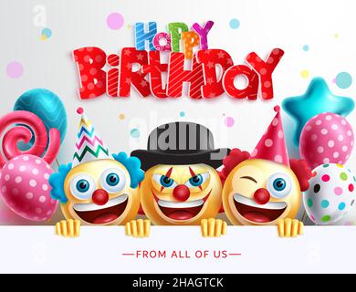 Anniversaire voeu clowns motif vectoriel.Joyeux anniversaire typographie texte en papier coupé avec drôle smiley clown visages et ballons élément pour le jour de naissance. Illustration de Vecteur