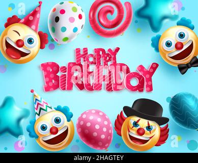 Motif vectoriel de vœux d'anniversaire.Joyeux anniversaire texte typographique avec smiley clown visages et ballons élément flottant pour enfants fête de jour de naissance. Illustration de Vecteur