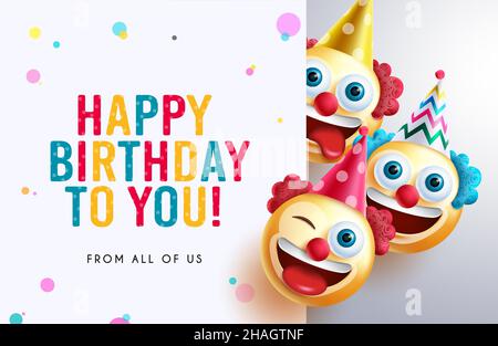Modèle vectoriel de message d'anniversaire.Joyeux anniversaire texte dans le motif blanc vide espace avec clowns smiley dans les visages drôles pour la carte de jour de naissance. Illustration de Vecteur