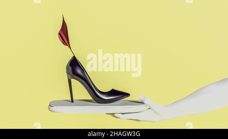 3d rendu de la main d'une femme tenant la chaussure à talons hauts d'une femme avec une fleur. Banque D'Images