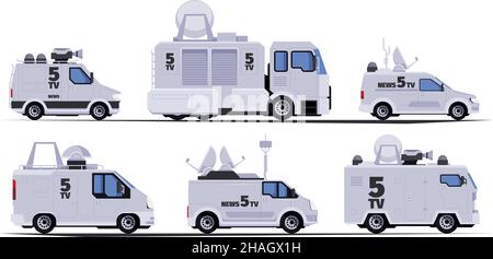 Voitures de radiodiffusion.Véhicules avec tv traduction satellite de communication radio chaînes de télévision newscaster machine garish vector ensemble de dessins animés Illustration de Vecteur