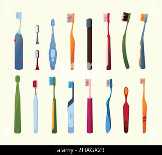 Brosses à dents colorées.Hygiène bucco-dentaire équipement de protection nettoyage des dents brosses électriques guirlande ensemble d'illustrations vectorielles Illustration de Vecteur