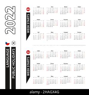 Deux versions du calendrier 2022 en tchèque, la semaine commence à partir du lundi et la semaine commence à partir du dimanche.Modèle vectoriel. Illustration de Vecteur