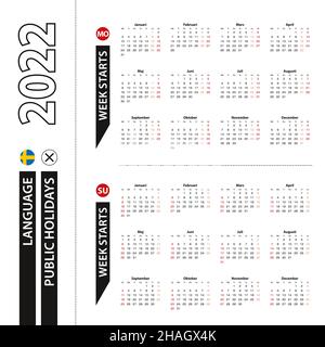 Deux versions du calendrier 2022 en suédois, la semaine commence à partir du lundi et la semaine commence à partir du dimanche.Modèle vectoriel. Illustration de Vecteur