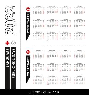 Deux versions du calendrier 2022 en géorgien, la semaine commence à partir du lundi et la semaine commence à partir du dimanche.Modèle vectoriel. Illustration de Vecteur