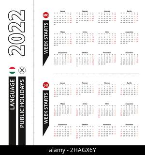 Deux versions du calendrier 2022 en hongrois, la semaine commence à partir du lundi et la semaine commence à partir du dimanche.Modèle vectoriel. Illustration de Vecteur