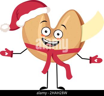 La fortune chinoise cookies le personnage du Père Noël avec une émotion heureuse, un visage joyeux, des yeux souriants, des bras et des jambes avec une écharpe et des moufles.Bonbons festifs pour Noël et le nouvel an.Illustration vectorielle Illustration de Vecteur