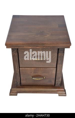 Table de chevet en bois pour deux tiroirs de couleur marron avec inserts décoratifs et poignées sur fond blanc Banque D'Images