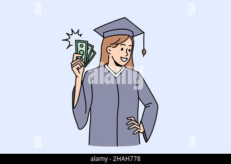 Valeur du concept de bonne éducation.Fille souriante diplômé dans le manteau et chapeau debout tenant tas de monnaie verte monnaie en mains illustration vectorielle Illustration de Vecteur