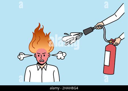Concept de stress émotionnel et de surtravail.Stressé furieux homme employé de bureau debout avec la main humaine essayant d'arroser le feu dans son illustration de vecteur de tête Illustration de Vecteur