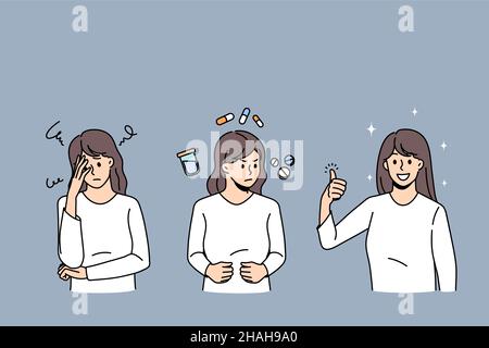 Concept de soins de santé et de prise de médecine.Jeune fille ayant mal de tête debout puis prenant quelques pilules avec l'eau et se sentant en bonne santé et illustration positive de vecteur Illustration de Vecteur