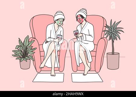 Les jeunes femmes sont heureuses et se détendent au spa le week-end.Les filles souriantes ont des procédures de visage de beauté et de soins du corps de repos dans le saloon.Cosmétologie.Illustration vectorielle. Illustration de Vecteur