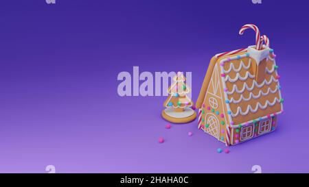 Gingerbread house and christmas tree Banque D'Images