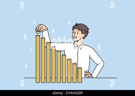 Succès financier et concept de développement.Jeune homme d'affaires souriant debout mettant des pièces de monnaie en haut et en haut des piles se sentant positive illustration de vecteur dynamique Illustration de Vecteur