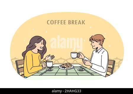 Pause-café et conversation.Couple positif homme et femme assis ayant une pause café avec des biscuits appréciant chat ensemble illustration vectorielle Illustration de Vecteur