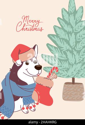 Carte de noël pour chien mignon husky.Carte de vœux à motif vectoriel de style plat avec lettres Merry Christmas Illustration de Vecteur