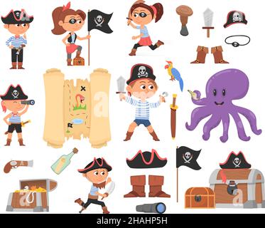 Pirates de dessin animé mignons.Pirate pour enfants, costume de fête pour enfants.Personnages de la mer ou de l'océan, carte des trésors, coffre en bois.Isolé heureux jouant des enfants Illustration de Vecteur