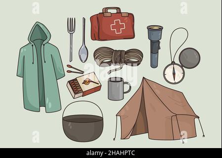 Ensemble coloré d'éléments et de vêtements pour le camping ou la randonnée.Collection d'équipements ou d'outils pour le trekking touristique ou la survie dans la nature.Concept de voyage et de vacances en plein air.Illustration vectorielle plate. Illustration de Vecteur