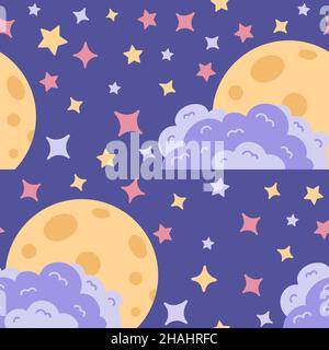 Motif sans couture de ciel nocturne avec nuages et lune entouré par des étoiles différentes formes dans un style plat..Illustration vectorielle Illustration de Vecteur