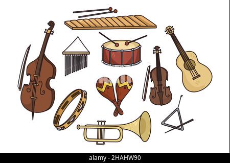 Ensemble de divers instruments de musique colorés sur fond blanc.Collection d'outils musicaux utilisés pour les concerts d'orchestre ou d'acoustique.Équipement de musicien.Loisirs et divertissement.Illustration vectorielle. Illustration de Vecteur