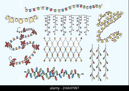 Collection colorée de différentes guirlandes lumineuses pour la décoration intérieure du nouvel an.Ensemble de guirlande lumineuse pour la maison de Noël ou le décor de sapin.Saison des vacances d'hiver.Illustration vectorielle plate. Illustration de Vecteur
