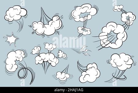 Accélération de l'effet de mouvement du nuage.Bande dessinée nuages, fume en mouvement, fart drôle, air saut souffle vent poussière, explosion de bulle de boom, énergie en spirale, forme de vent propre vecteur.Illustration bande dessinée fumée Illustration de Vecteur