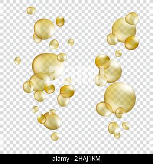 Bulles d'huile d'or.Pilule cosmétique réaliste kératine capsules sérum de collagène, 3D roulette à bulles huileuses, jojoba essence jaune, vitamine peau et cheveux, vecteur transparent.Illustration du collagène d'huile d'or Illustration de Vecteur