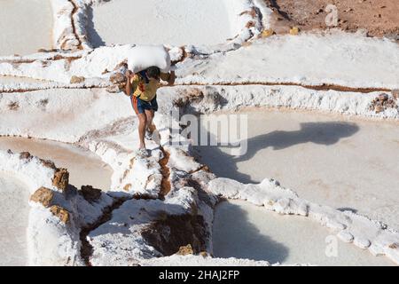 Salines à Salinas.Un ouvrier porte du sel le long des terrasses. Banque D'Images