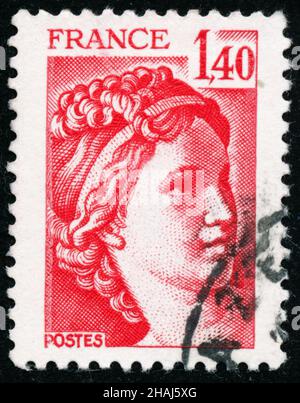 POLTAVA, UKRAINE -Desember 13 , 2021.Trois timbres Vintage imprimés en France vers 1980 montre le portrait Sabine Banque D'Images