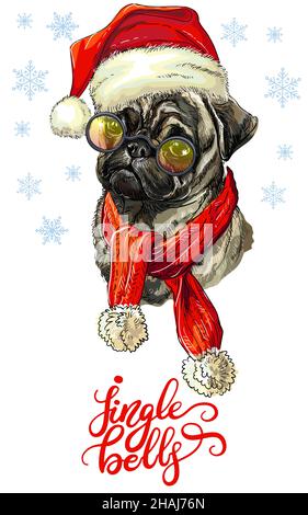 Carte de vœux.Portrait amusant de chien de petit avec foulard et chapeau de Noël avec flocons de neige et lettrage.Illustration vectorielle.Pour la décoration, le design, l'impression, les pos Illustration de Vecteur
