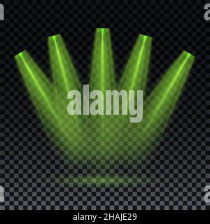 Lumière verte.Faisceau laser vert sur fond transparent.Rayons laser, effet d'éclairage sur fond noir transparent. Illustration de Vecteur
