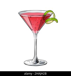 Cocktail cosmopolite, boisson alcoolisée tirée à la main.Illustration vectorielle sur fond blanc. Illustration de Vecteur