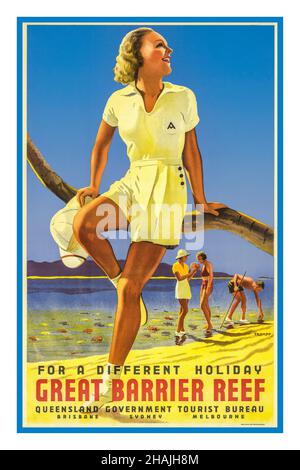 Vintage 1930s Australia Travel Poster GREAT BARRIER REEF 'for a different Holiday Great Barrier Reef,' 1939.Une femme sportive sur la barrière de corail assise sur une branche d'arbre avec ciel bleu clair derrière.Artiste, Percival Albert Trompf. Banque D'Images