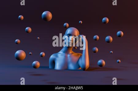 3d buste femelle avec tête reposant sur la main et sphères métalliques autour.3d rendu Banque D'Images