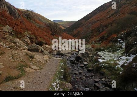 Vue sur Caer Caradoc depuis le chemin avec ruisseau menant à la chute d'eau dans la vallée de Carding Mill Banque D'Images